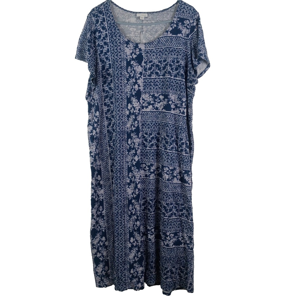 J. Jill Pure Jill Slub Knit Dress XL  Blue Floral Pull-On Boho Pockets Stretch